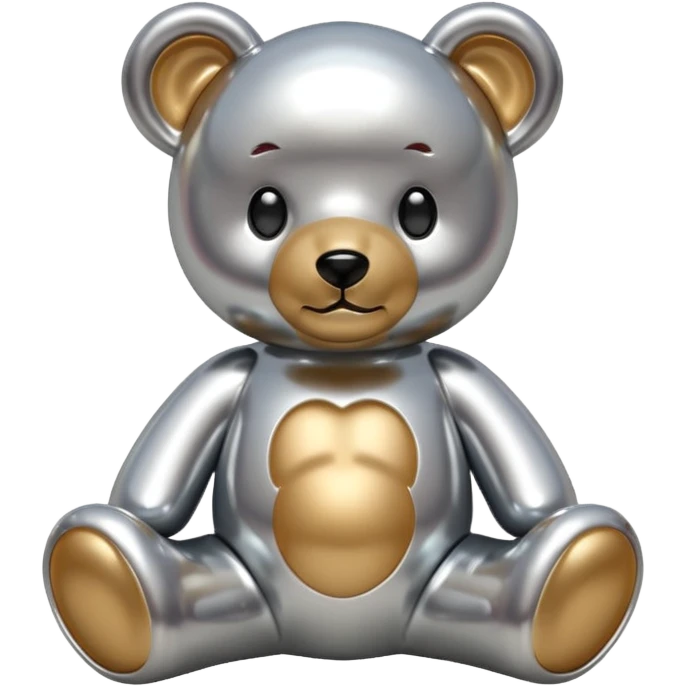 A cute teddy bear emoji made of liquid silver chrome, smooth rounded body, glossy metallic surface, soft reflections, friendly proportions, iOS emoji style, centered, clean white background emoji