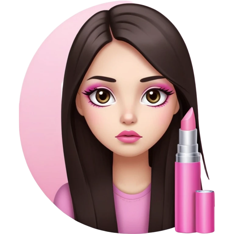 girl with lighter skin, dark brown long straight hair, pouty shiny lips with pink lip gloss, large eyes with eyelashes, pink blush on cheeks, inner eye highlighted with white eyeliner, lighter button nose, long oval-shaped face emoji