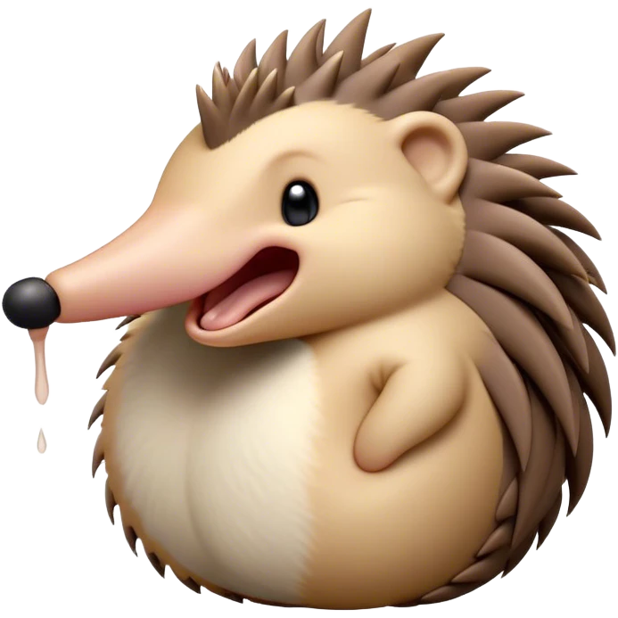 Cinematic Cute Yawning Echidna Portrait Emoji, Head tilted slightly with a dramatic, wide-open yawn, showcasing a soft, downy spiky fur with a slightly drooping snout and small, drowsy eyes, Simplified yet irresistibly adorable features, highly detailed, glowing with a soft, cozy glow, high shine, relaxed yet expressive, stylized with a touch of prickly whimsy, bright and endearing, soft glowing outline, capturing the essence of a sleepy yet affectionate echidna, so drowsy it feels like it could curl up out of the screen for a nap! emoji