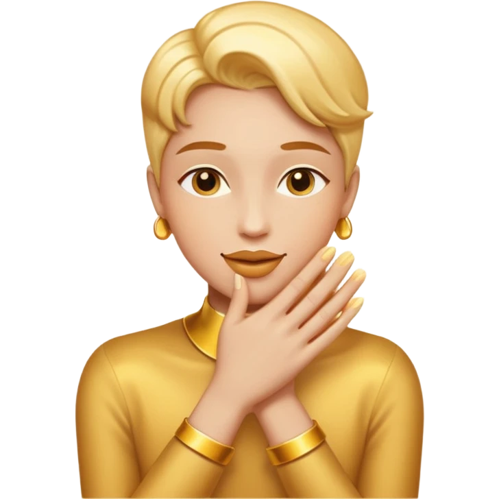 gender-neutral or slightly masculine person gently kissing their own glowing golden hands with admiration and pride, proud warm playful expression, emoji style, compact composition, clean lines, bold colors, smooth shading, minimal details, high readability, white or transparent background emoji