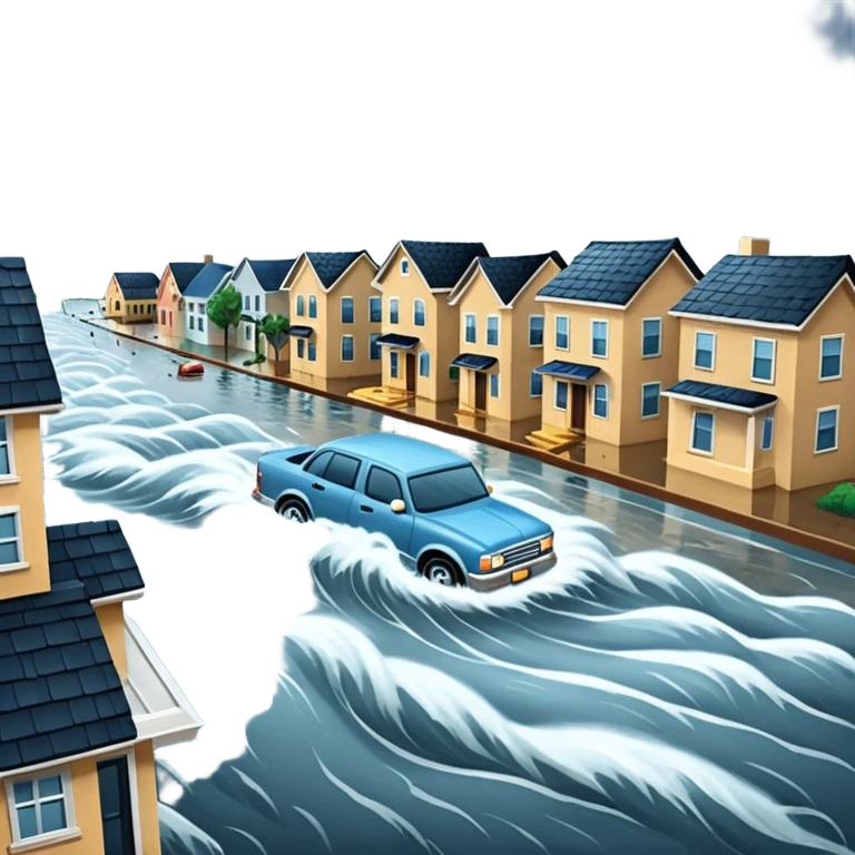 showing a flood disaster scene with strong water waves overflowing streets, partially submerged houses and cars, dark cloudy sky emoji