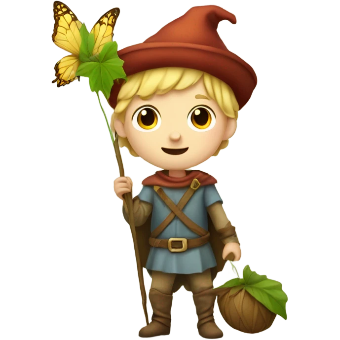Medieval little whimsical little boy who is pale and he has a leaf hat and is riding a butterfly emoji
