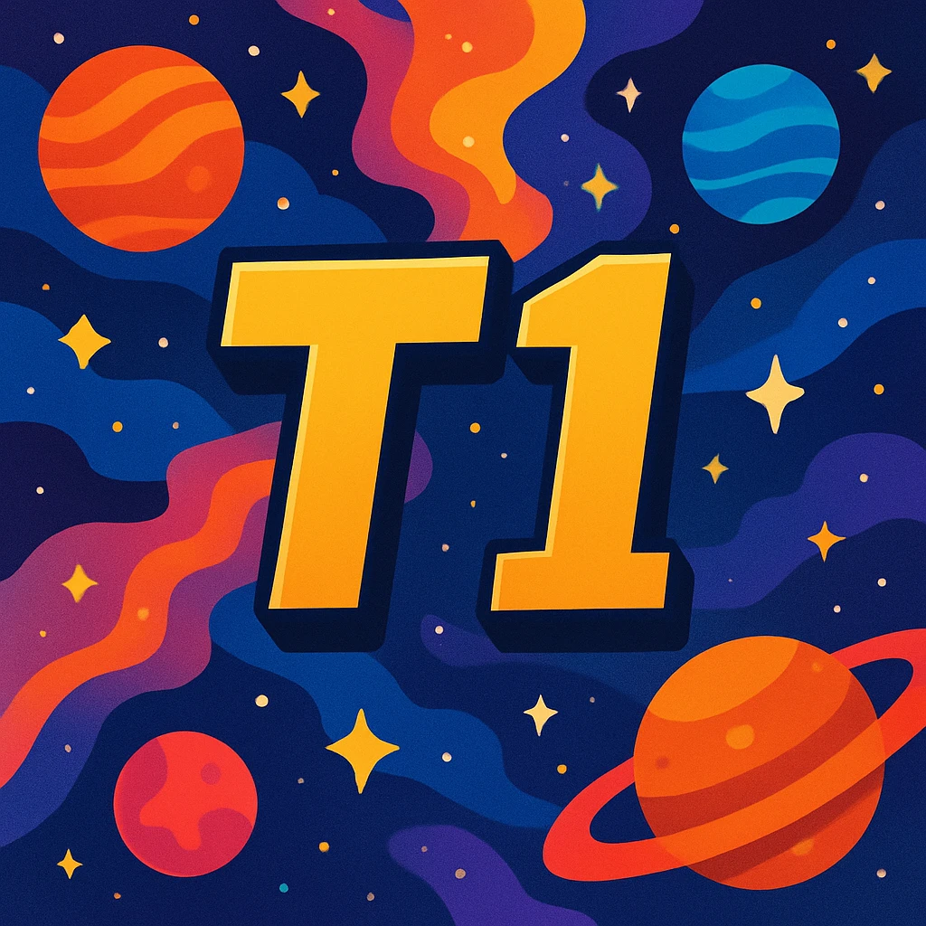 space theme with the words T1, vibrant cosmic background, stars, planets, and nebulae, text integrated into the scene emoji