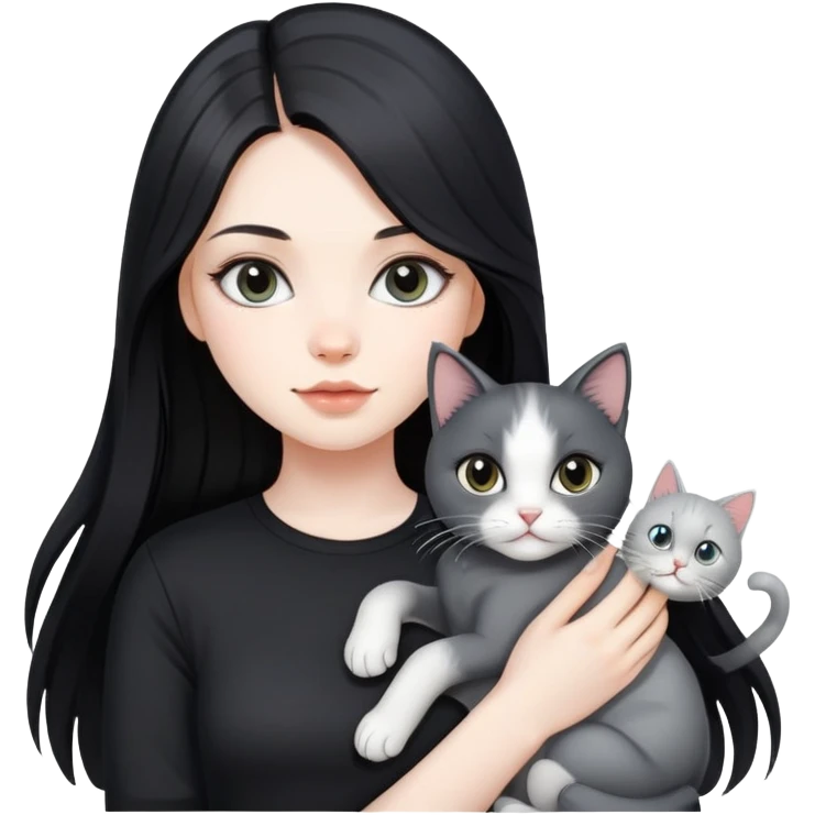 beautiful girl with long black hair wearing a black shirt holding a silver-colored cat emoji