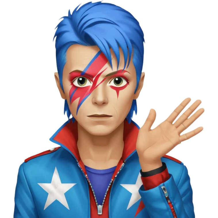 A male rockstar wearing Ebay brand colours and David Bowie face paint - showing more of his torso and blue hair emoji