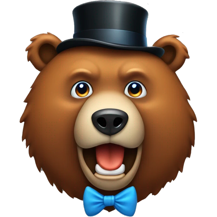 brown bear with oranger snout, and jaw with blue eyes, bottom teeth and a black top hat emoji