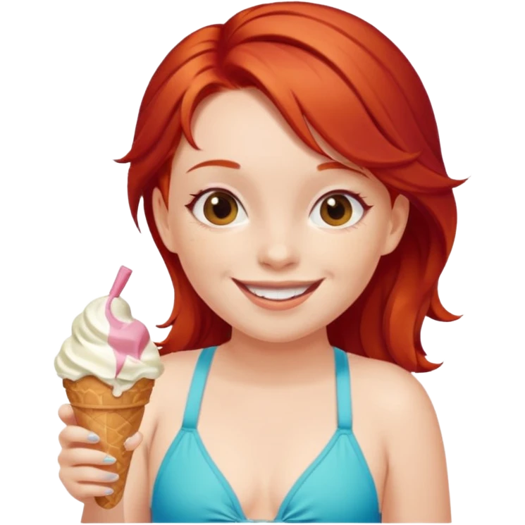 girl kid red haired swimsuit, eating ice cream, sun emoji