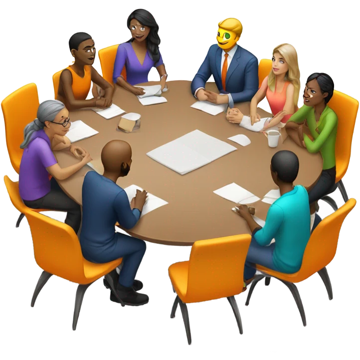 group discussion at a table colorful chairs emoji