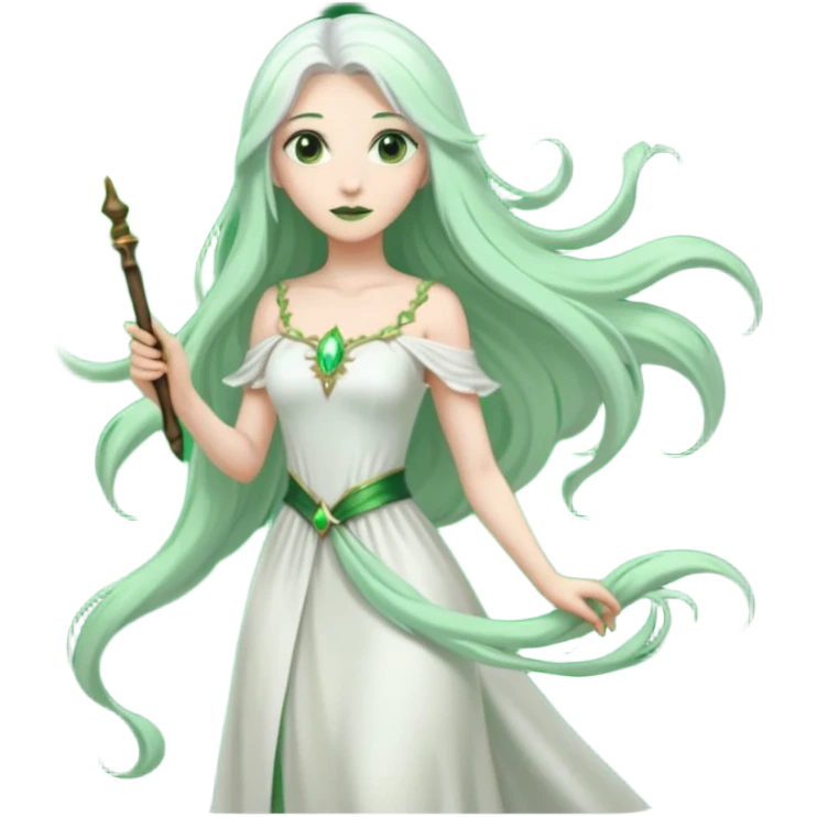 Woman with green skin color with white color long hair and carrying a magic wand emoji