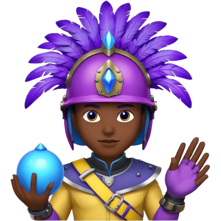 Generate an image of a night with a blue rounded feather on his helmet. He has a big night with balls as hands which have purple obsidian spikes on them. He also has a blue belt with yellow spikes on it. He also has purple glowing eyes. emoji