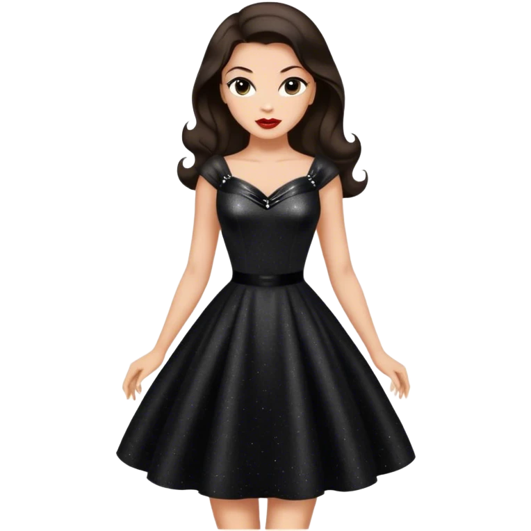 Beautiful woman in 1950’s woman fashion look, black shimmery dress, long dark brown hair, Carbonara emoji