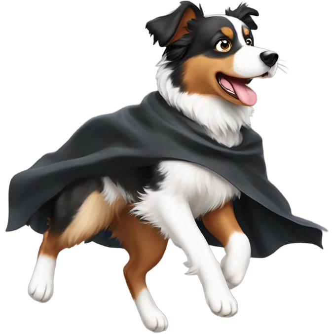 Australian Shepard black tan and white with a super dog cape jumping in the air  emoji