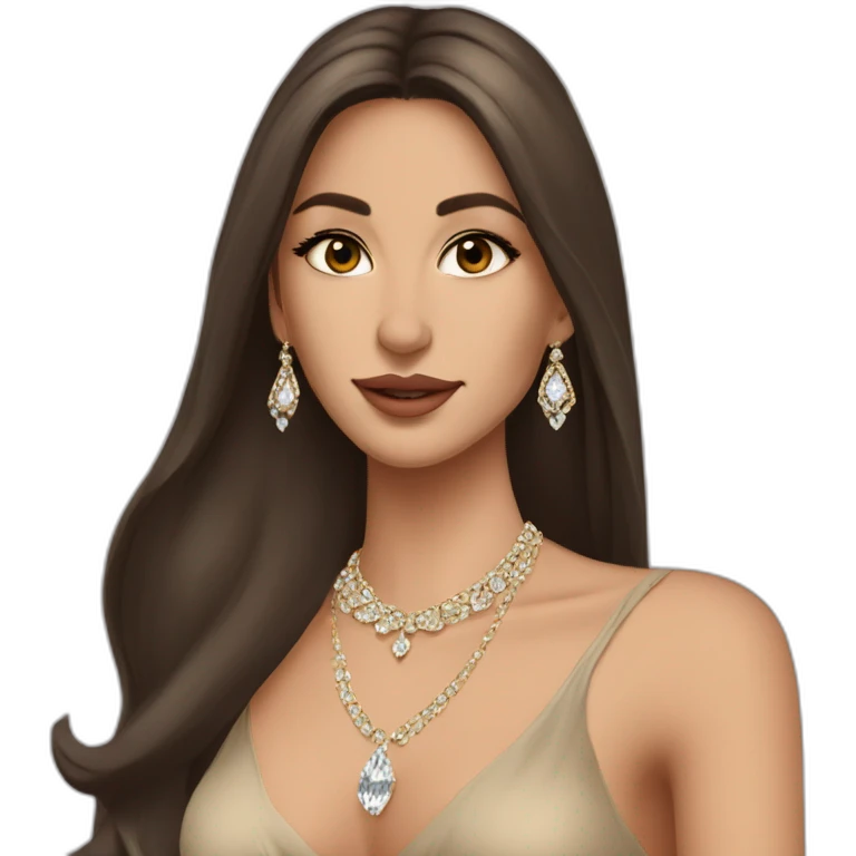 beautiful brunette arabian girl with smooth skin long hair beige lipstick wearing low neck dress with a diamond necklace emoji