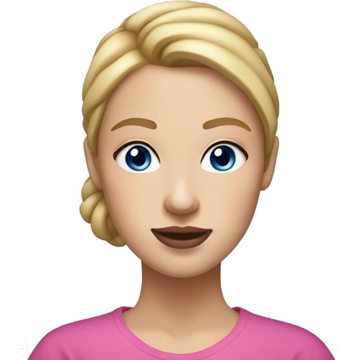 a woman with freckles, blue eyes, light skin, blonde straight hair with a bun, pink lips. black shirt. emoji