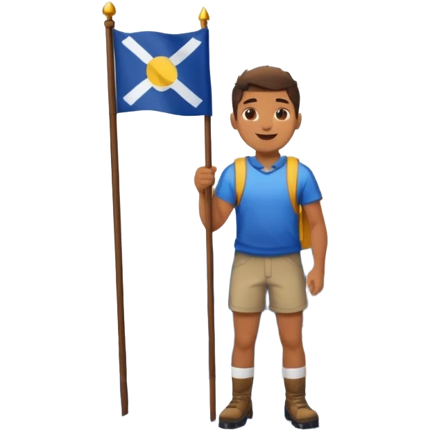 happy guy standing on top of a mountain with a little snow under his feet, holding a flag in his hand, with the mountain clearly visible under his legs emoji