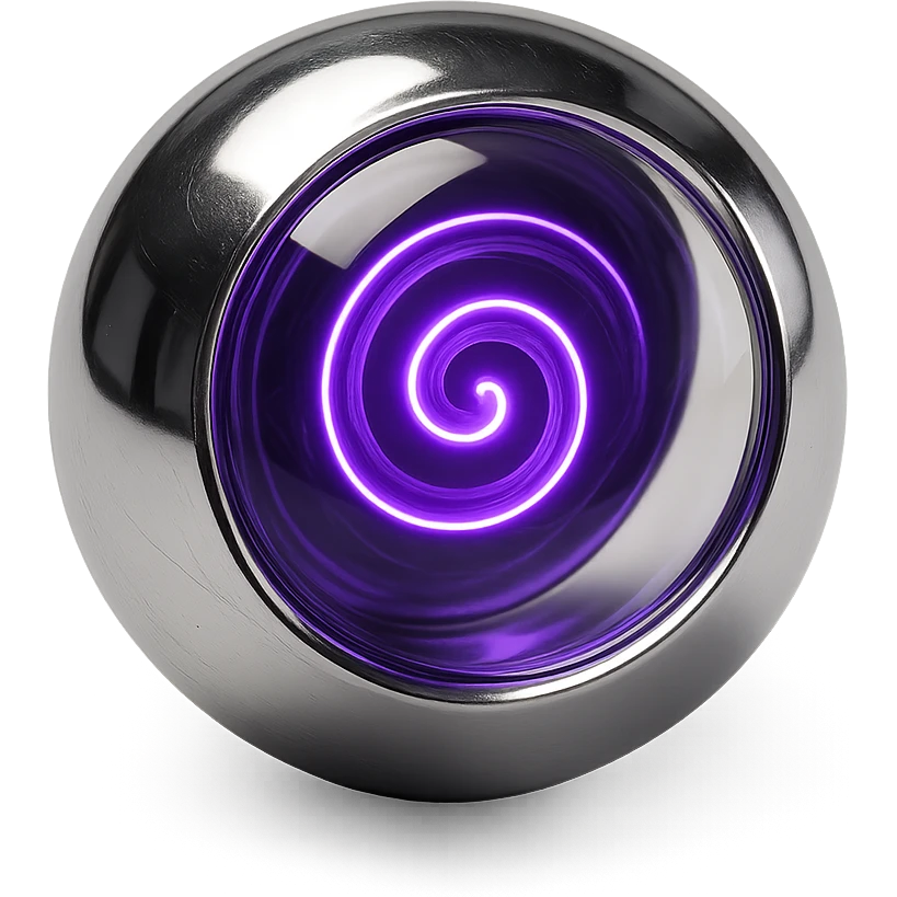 translucent chrome sphere with a glowing purple spiral suspended inside, highly reflective and futuristic emoji