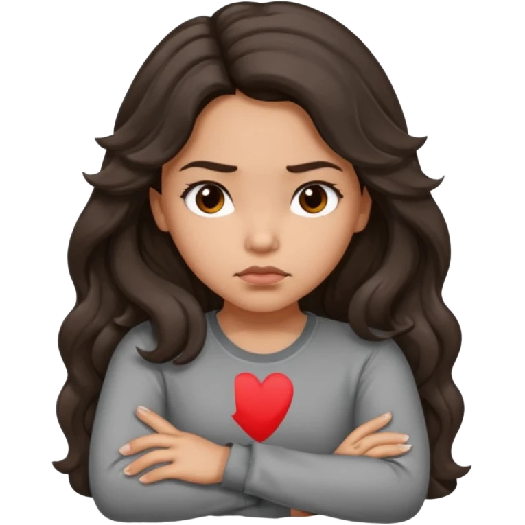 Hispanic girl with long dark brown wavy hair arms folded and  pouting. Gray long sleeve emoji