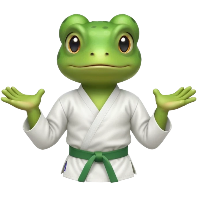 cute frog doing karate portrait, head and shoulders only, wearing white gi uniform, green belt visible, funny serious face, 3D cartoon, mobile game icon style, clean background, no text, no watermark
 emoji