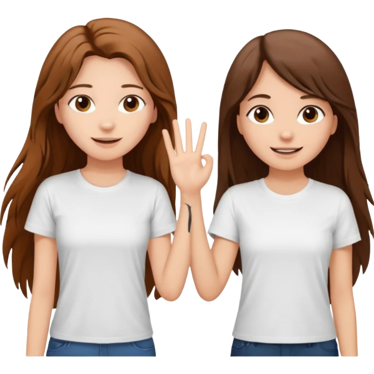 clean girl say hi to each other, she have a long brown hair a little messy and wearing white t-shirt emoji