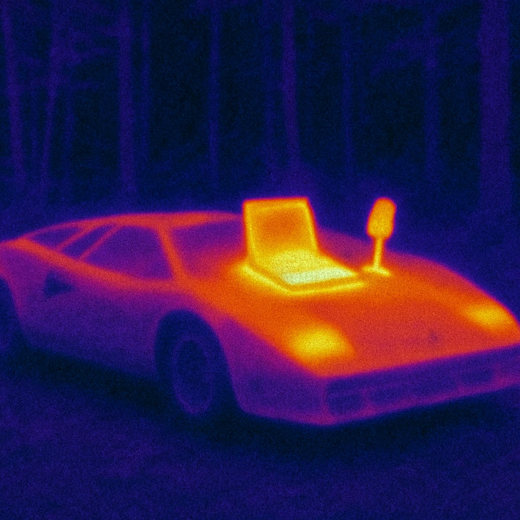 Lamborghini Countach with a laptop and a microphone for recording on the hood in a forest background emoji