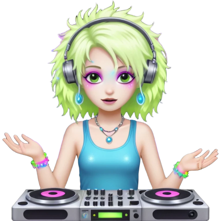  hard-techno-rave-fairy,-holding-a-dj-turntable,-wild-hair,-neon-sparkles,-minimal-background emoji