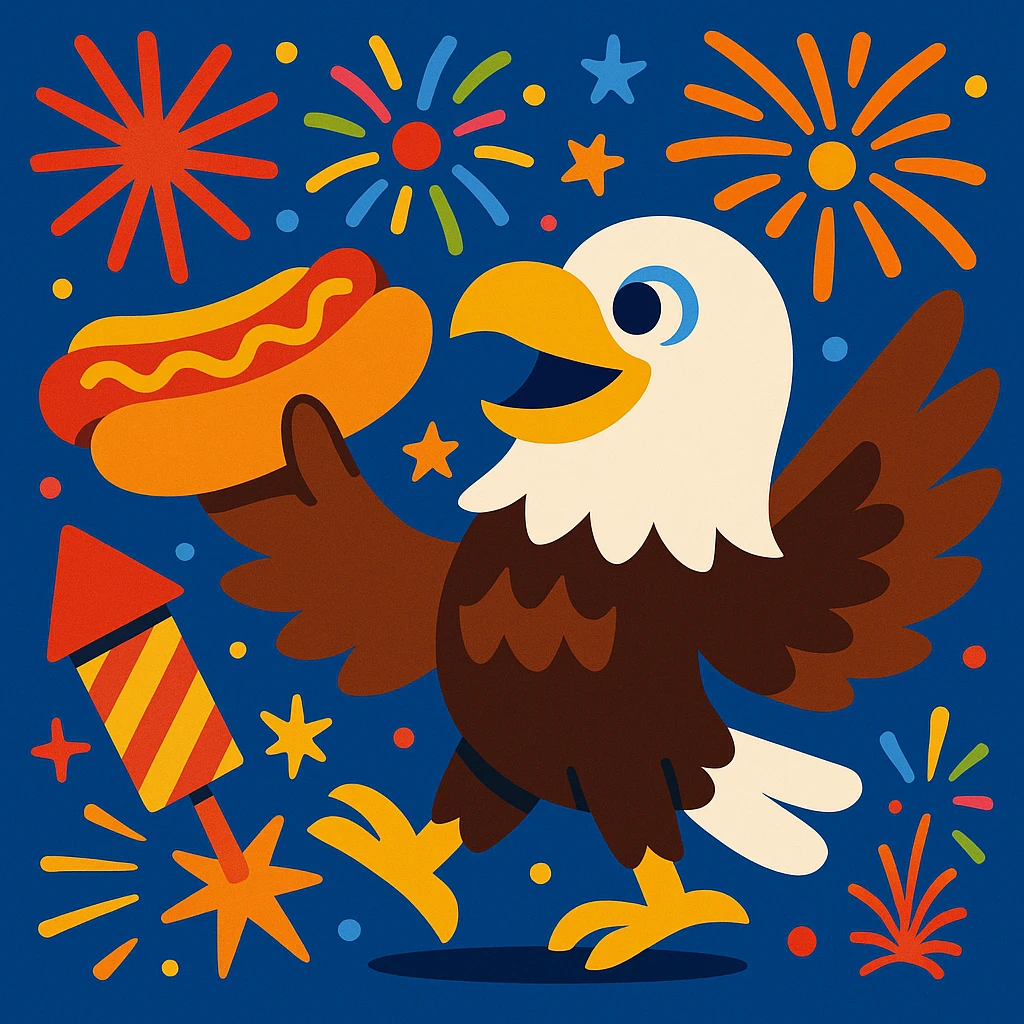 fun scene combining fireworks, hotdog, and eagle, vibrant and playful emoji