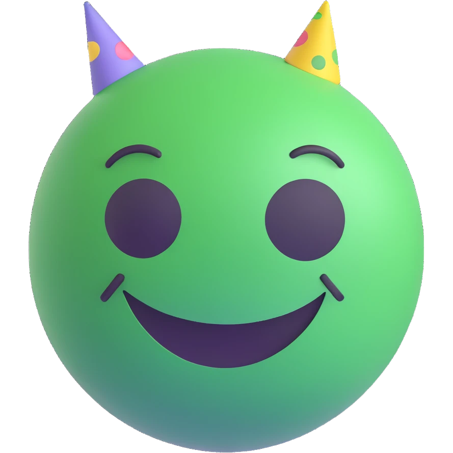 3D smiley emoji, round shape, green color, with text 'szétcsapva', party face emoji