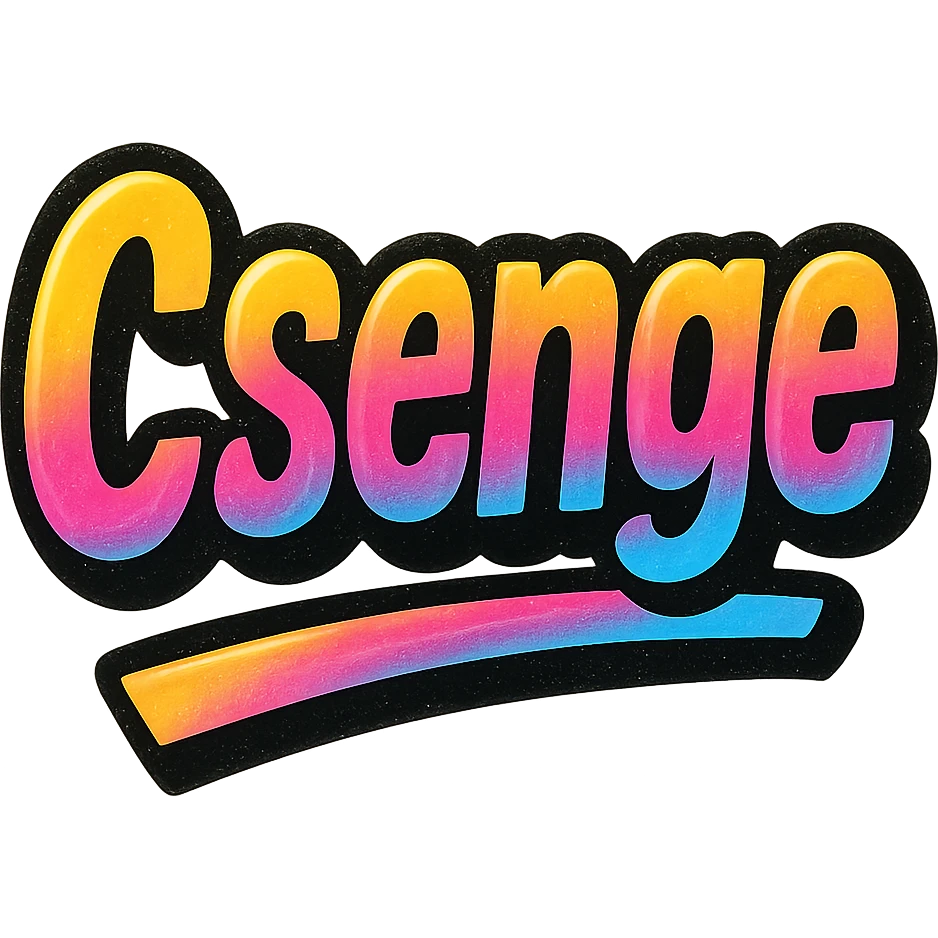 Csenge name in modern colorful gradient font with dark outline, dynamic slanted or partial underline, transparent background, in the style of reference patterns emoji