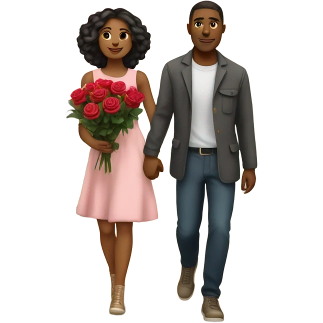 romantic walk in the park for beautiful couple holding roses emoji