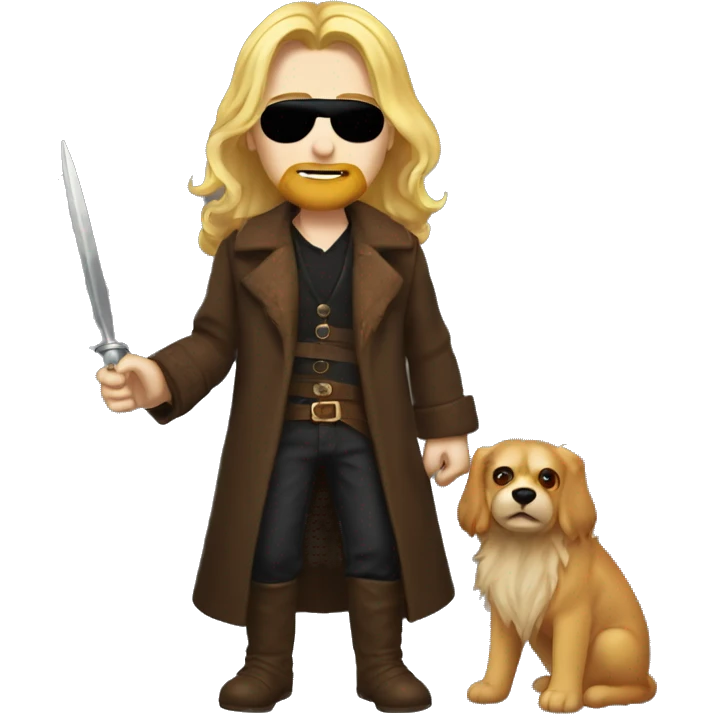 A young blonde man with long hair and long beard, left red eye and a black right eyepatch holding a golden awl and earing a brown animal coat emoji