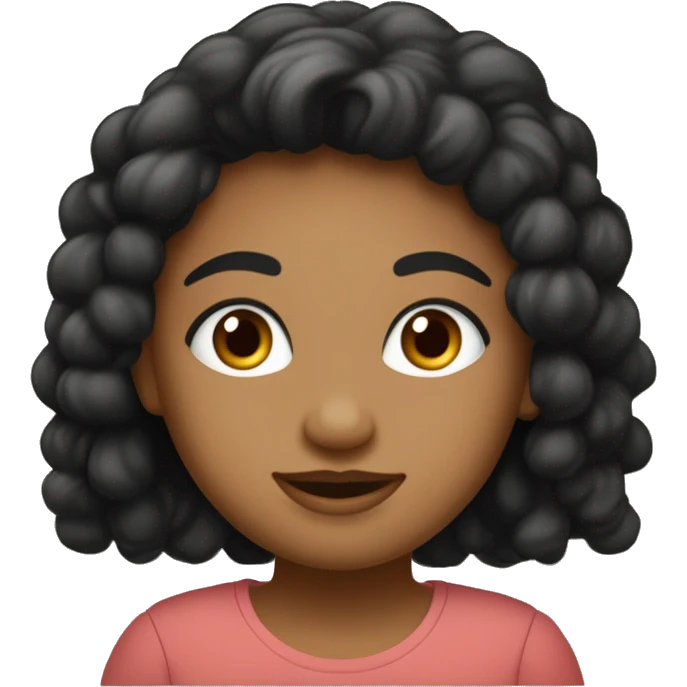 uma menina dos olhos pretos redondos e um pouco grandes e com pouquinha olheira, cabelos médios liso preto, lábios um pouco finos, blusa bege até o pescoço, sorriso quadrado emoji
