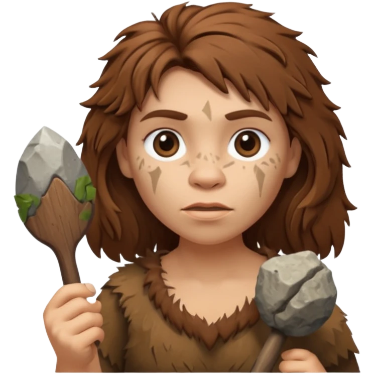 cartoon Neanderthal woman with messy hair and a stone tool emoji