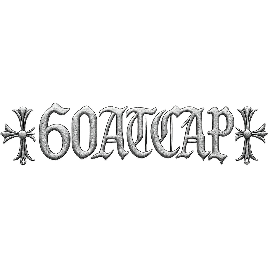 sticker featuring '60ATCAP' in Chrome Hearts style, ornate gothic font, chrome metallic look, intricate embellishments emoji