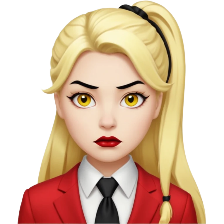 Woman with porcelain white skin, black lips, thick blonde hair that's in a thick long ponytail, a black nose, yellow scleras, red pupils, and a red suit with a black tie. Demon emoji