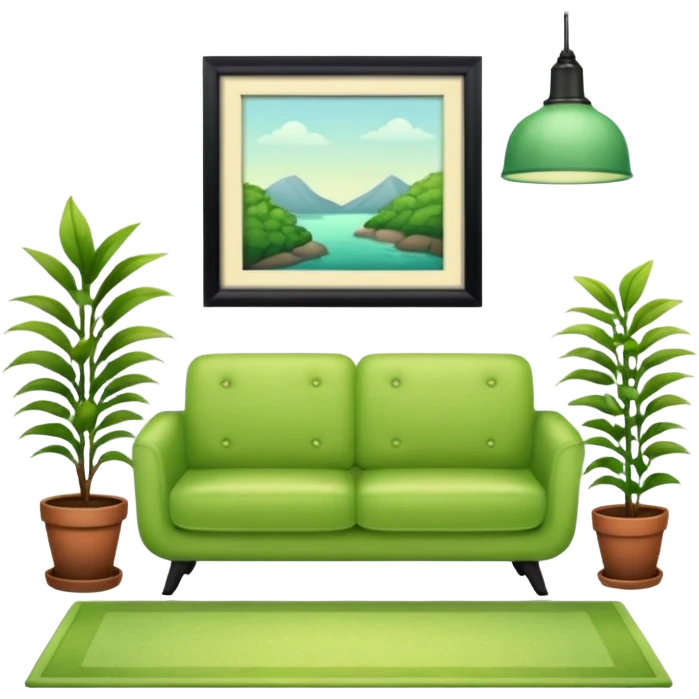 living room in ios emoji style

no TV, and make the couch a light green color

there is a lamp on one side and one plant on the other side. and no picture frame

there is a light colored rug emoji