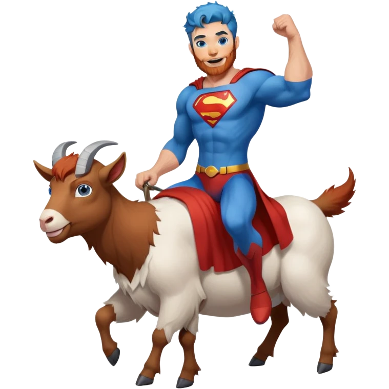 Full body Adult Superman Blue Eyes Scruffy Redish hair and redish trimmed Beard Muscle happy riding a happy blue haired goat emoji