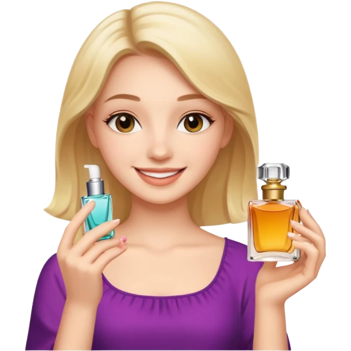pretty girl holding parfume with smile emoji