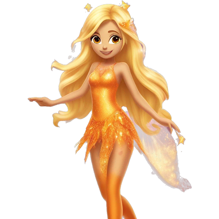 Stella adult latina fairy of nature in her enchantix fairy orange two piece clothing and fairy enchantix wings and long blonde hair from winx club. Lots of sparkles and fairydust. Full body and full fairy bliss emoji