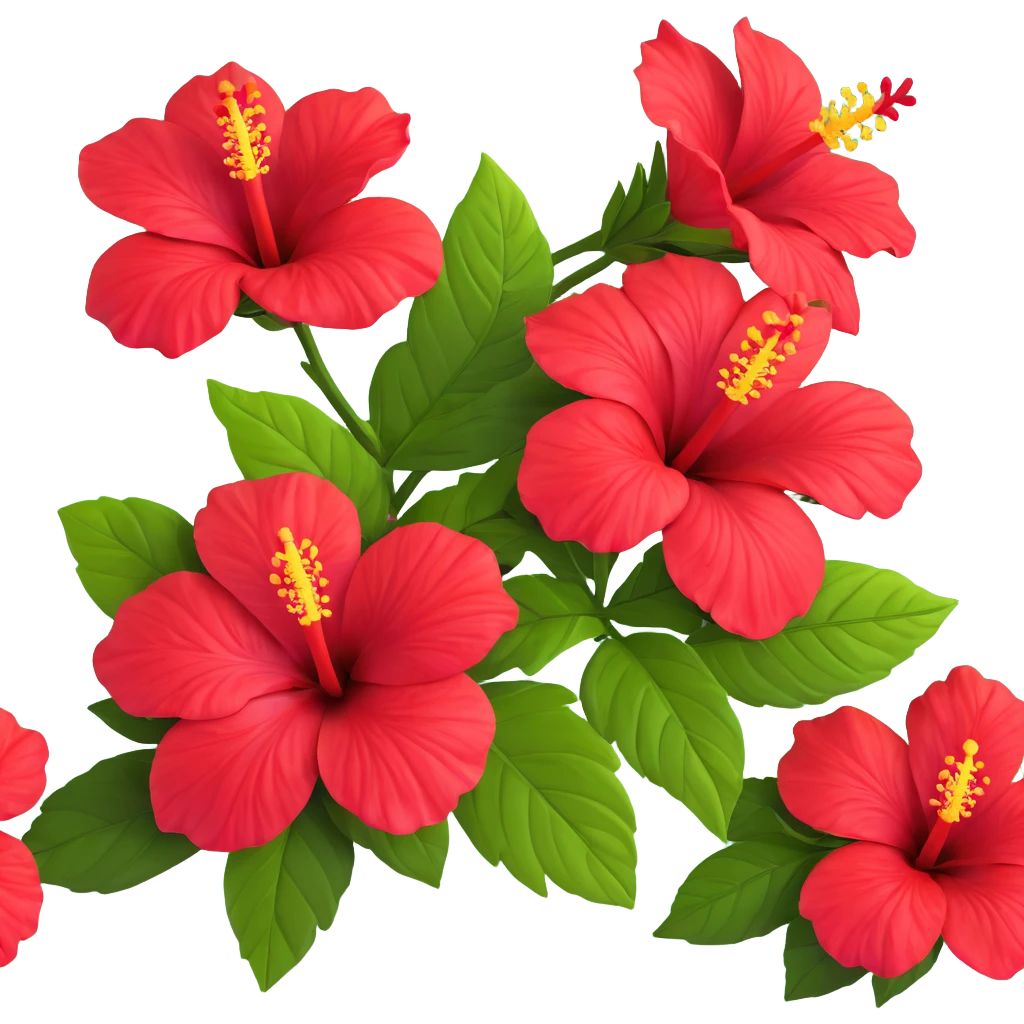Detailed red hibiscus flower with green leaves and distinctive long stamen emoji