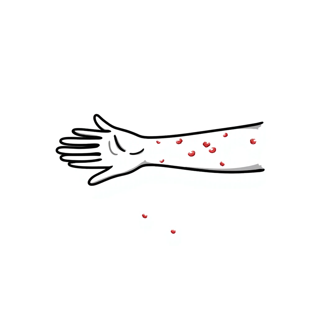 Detailed drawing of arm showing allergy skin prick test on forearm with small red welts, hand with all 5 fingers visible emoji