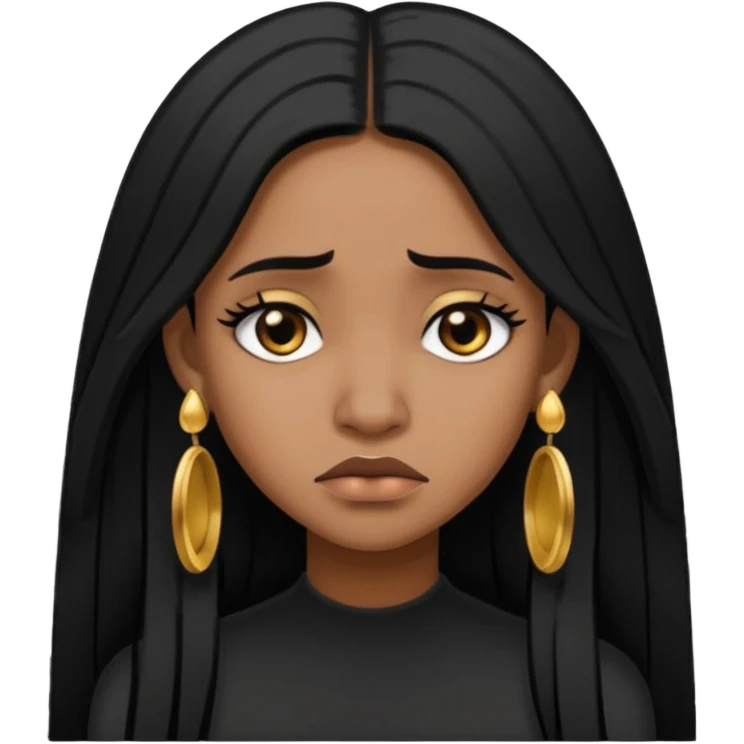 medium brown skin tone girl who has long layered black hair with gold stud earrings  who is sad  emoji