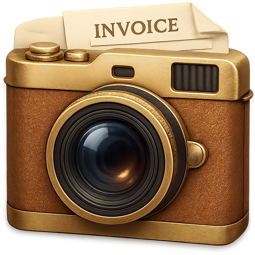 skeuomorphic app icon for an invoice app, vintage camera with tan leather, gold metal trim, and subtle paper elements, highly detailed emoji