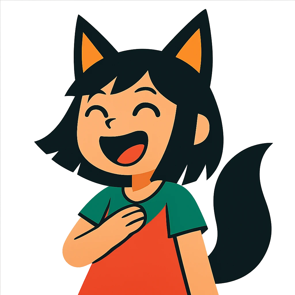 A girl with black fox ears and a tail, green eyes, dark hair, laughing emoji