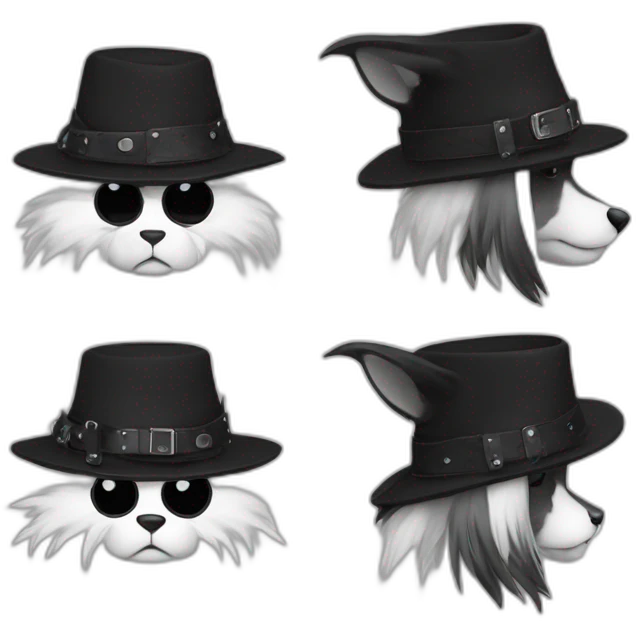 Hyène anthro contente avec un chapeau noir avec un smiley triste blanc et un casque punk noir avec des pointes sur le côté  emoji