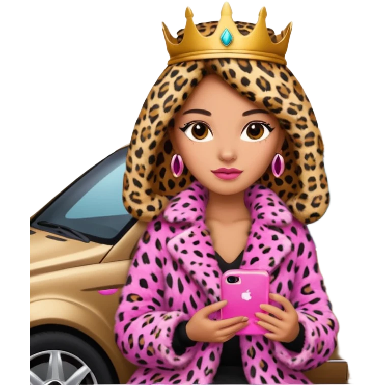 a queen Arina in a leopard fur and pink iPhone on her mercedes emoji