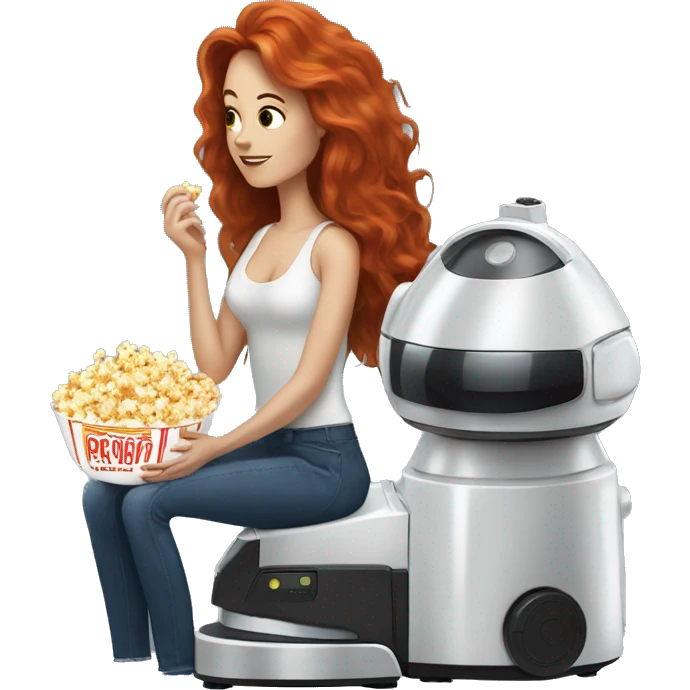 A long haired redhead lady eating popcorn sitting next to a robot vacuum  emoji