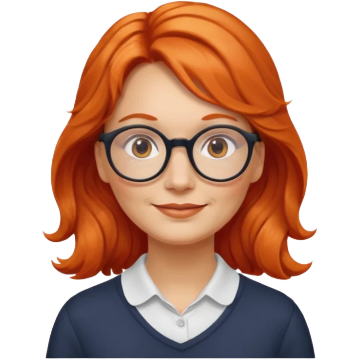 Norwegian woman, middle-aged, long wavy orange-red hair tied to the left, large round glasses, friendly look emoji