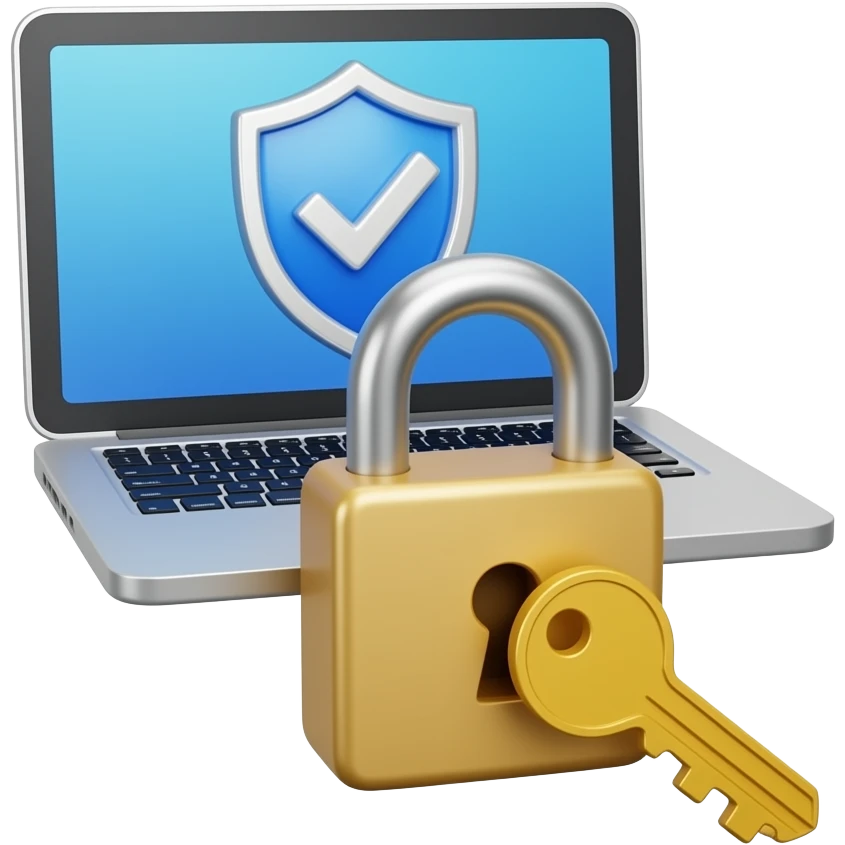 icon featuring three layered elements: a floating laptop in the center with a screen showing a security shield with a checkmark. In front of the laptop, a closed padlock with a metallic shackle. Crossing the padlock a golden key. Transparent or white background. emoji