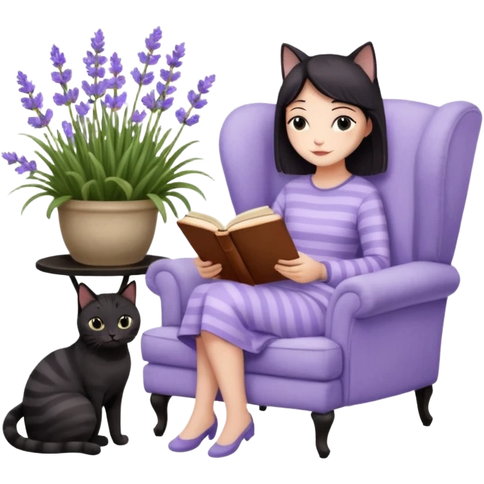 moji illustration, full body woman reading a book on a cozy armchair in a lavender garden, two separate cats next to her (one solid black cat, one brown tabby cat with stripes), small side table with coffee mug, soft peaceful vibe emoji
