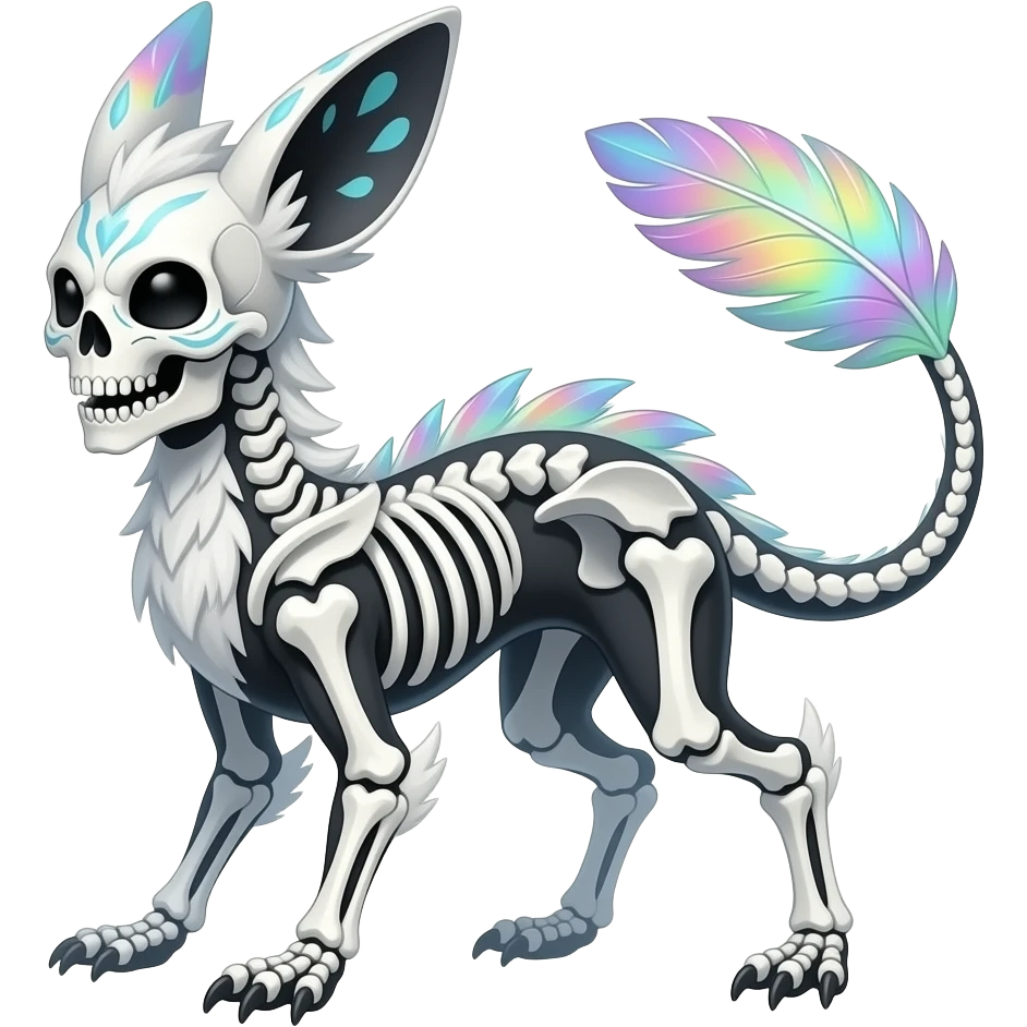 Rare realistic skeletal tribal patterned whitish pastel colorful iridescent shiny glossy feathery epic handsome gorgeous aesthetic black-skulled Vernid-Trico-Sergal-Salandit-Nargacuga-species-Fakemon-creature by LiLaiRa, 4 legs, 1 tail, random markings, (full body) long ears emoji